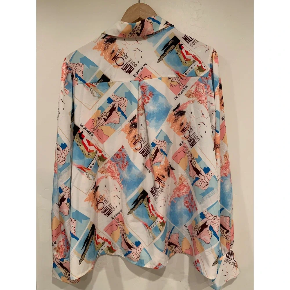 Zeagoo Womens Button Up Blouse XL White Riviera Postcard Print resort vacation - Picture 5 of 8